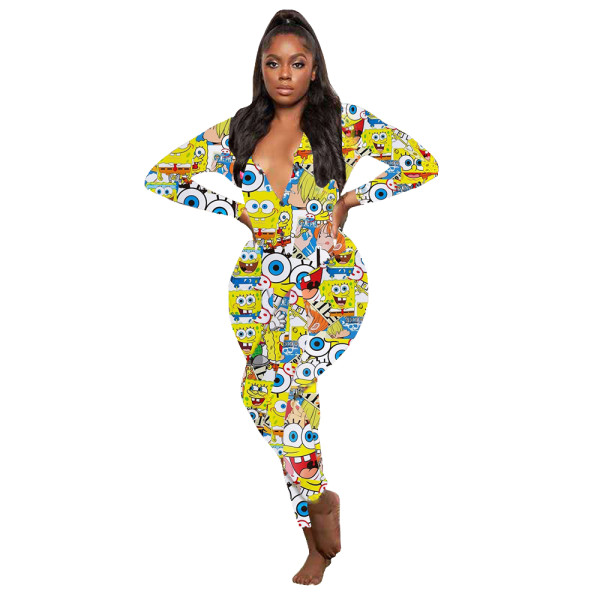 Casual Pattern Printed V Neck Home Jumpsuit