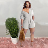 Sexy Grey Nightclub Clothes 2022 Summer Solid V Neck Rompers with Pockets