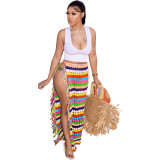 Sexy Color Block Fringe Hem Crochet Cover Up Skirt