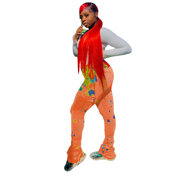 Casual Pleated Splash Ink Micro Horn Pants with Pocket