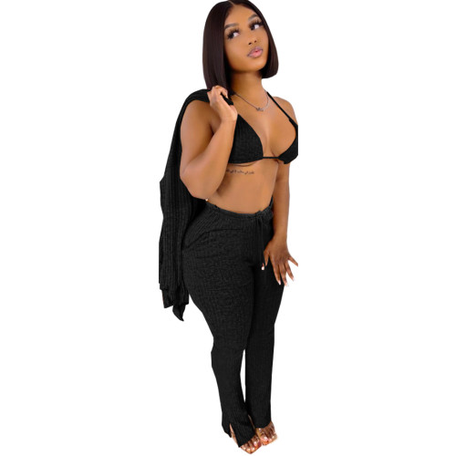Women 3 Piece Sets Sexy Lingerie Lounge Wear Set Black Pyjamas Female Nightwear Cardigan Sleepwear