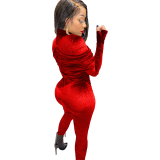 Solid Color Red Korean Velvet Wrinkle Jumpsuit