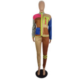 Casual Contrast Stitching Sweatshirt Pant Set with Multi-pocket