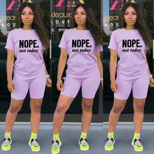 Casual Purple Short Sleeve Knit Print Sportswear Shorts Set Two Piece