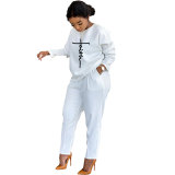 Winter Casual White Thickened Print Pant Set