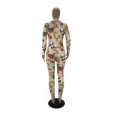 Casual Christmas Printed Long Sleeve Trousers Homewear Jumpsuit