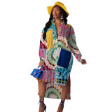 Woven Shirt Dress Printed Bat Sleeve Stitching Irregular Nightclub Mid Dress