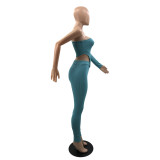 Spring Lake Blue Women's Clothing Sexy Single Shoulder Crop Top and Trousers Bodycon Outfits Sport