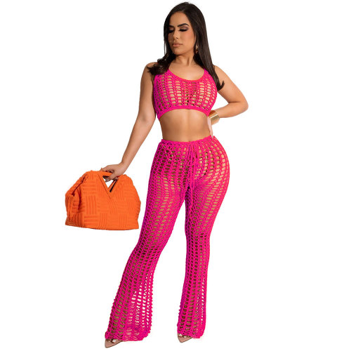 Rose Summer Knit Rib Cut Out Beach Wear Cover Sexy Fishnet See Through Tank Crop Top + Pants