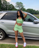 Solid Color Green Ladies Vest Shorts Two Piece Set with Pockets