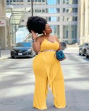 Solid Color Yellow Ruffled Halter One Piece Sexy Backless Jumpsuit
