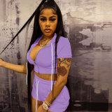 Purple Solid Zip Up Cardigan Cropped Hooded Two Piece Short Set