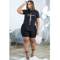 Casual Black Letter Print Slit Eyelet Bandage O Neck Short Sleeve Tracksuit Set