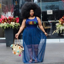 Blue Plus Size African Mesh Beaded Embroidery Large Size Club Wear See Through Lantern Long Dress