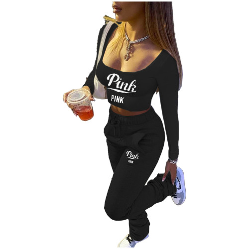 Black Casual Printed Letter Stacked Sweatpants Set Women Casual Jogger Trousers Thick Warm Ruched Two Pieces