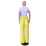 Yellow Casual Solid Pleated Mid Waist Wide Leg Pants