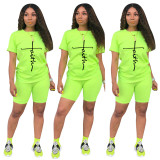 Casual Women Fluorescent Green Printed Sweatpants Set Two Piece Shorts Set for Summer