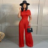 Solid Color Short Sleeve Romper + Wide Leg Pants Two Pieces