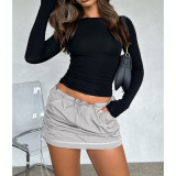 Solid Color Shirred Elastic Buckle Athleisure Pocket Cargo Skirts