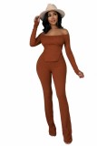 Spring Autumn Brown Ribbed Off Shoulder Cutout Top & Flared Pants Set