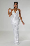 Solid Color Deep V Halter Stacked Maxi Dresses