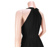 Summer Black Chiffon Double Tie Sleeveless Long Pleated Dress