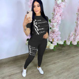 Casual Sportswear Pyrography Short Sleeve Sweatshirt Two-piece Set With Pockets