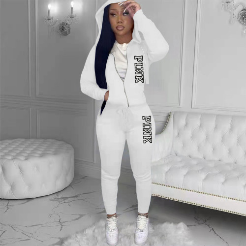 Casual Zip Up Printed Hoodie Sweatshirt & Drawstring Pants Set