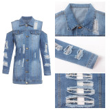 Blue Ripped Cut Out Cold Shoulder Denim Coat