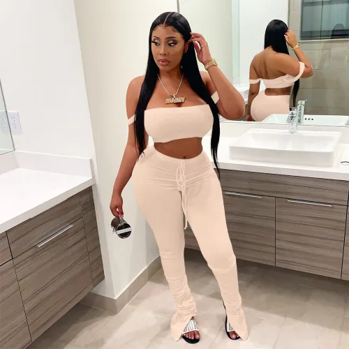 Sexy Beige Sling Wrap Crop Top Pleated Wrinkled Trousers Two Piece