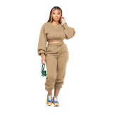 Autumn Winter Round Neck Loose Solid Color Crop Sweatshirt Pant Set