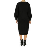 Solid Color 3/4 Sleeve Loose Midi Dress