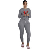 Trend New Dark Grey Squid Game Mask Man Printed Sports Two Piece Ruched Pants Set