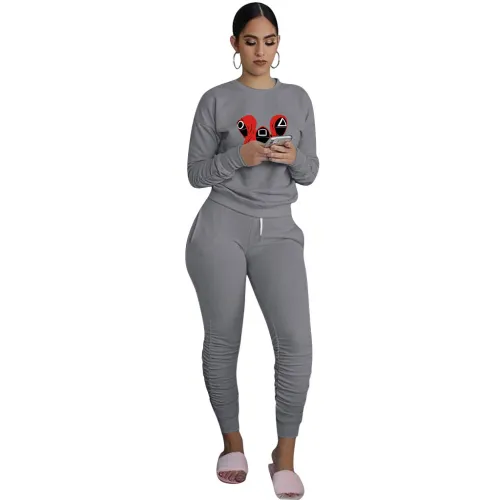 Trend New Dark Grey Squid Game Mask Man Printed Sports Two Piece Ruched Pants Set