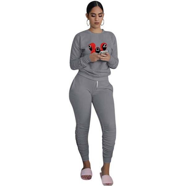 Trend New Dark Grey Squid Game Mask Man Printed Sports Two Piece Ruched Pants Set