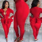 Solid Color Ruffled Sleeve Long Sleeve Zipper Tops and Trousers Set