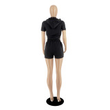 Black Casual Zip Cardigan Letter Embroidered Hooded Cropped Top Two Piece Set