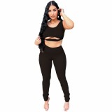 Summer Black Sleeveless Cutout Crop Vest and Long Pants 2 Pieces
