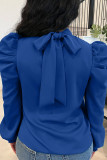 Women Bow Back Stand Neck Puff Long Sleeve Blouses Tops