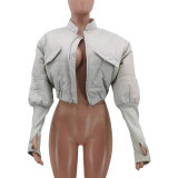 Fashion Women's Stitching Ribbed Casual Stand Collar Crop Padded Jacket