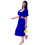 Blue Solid Color Square Collar Lantern Sleeve Irregular Mid Dress with Hollow