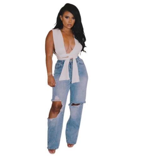 Ladies Denim Ripped Holes Jeans