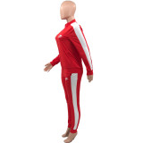 Ladies Casual Red High Neck Embroidered Letter Colorblock Pants Set