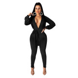 Solid Color V Neck Velvet Jumpsuit (with belt)