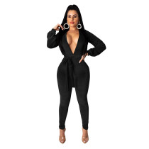 Solid Color V Neck Velvet Jumpsuit (with belt)