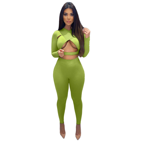 Sexy Cross Cutout Sports Two Piece Women Clothing Set with Hollow Out