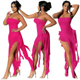 Solid Color Slits Strapless Fungus Long Skirt Stitching Bandeau Dresses