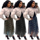 Plaid + Mesh Irregular Skirt