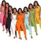 3PCS Solid Ribbed Tank Top + Sleeveless Long Cloak + Pants