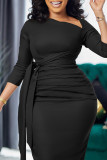 Plain Bandage Ruched Slant Neck Midi Dress